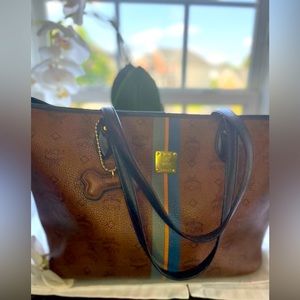 MCM Cognac Tote with Blue Strips